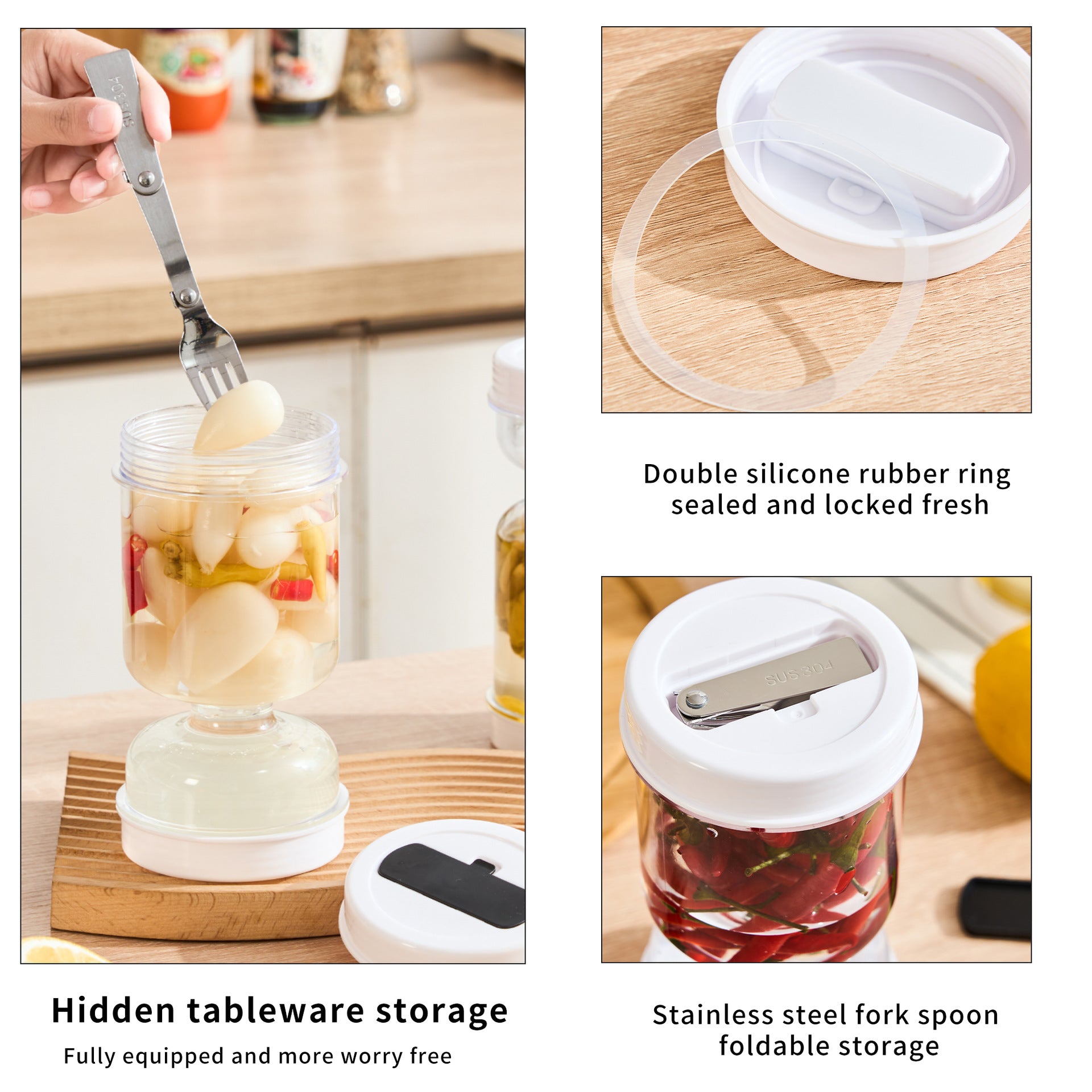 Kitchen Dry Wet Separation Pickle Jar with Fork